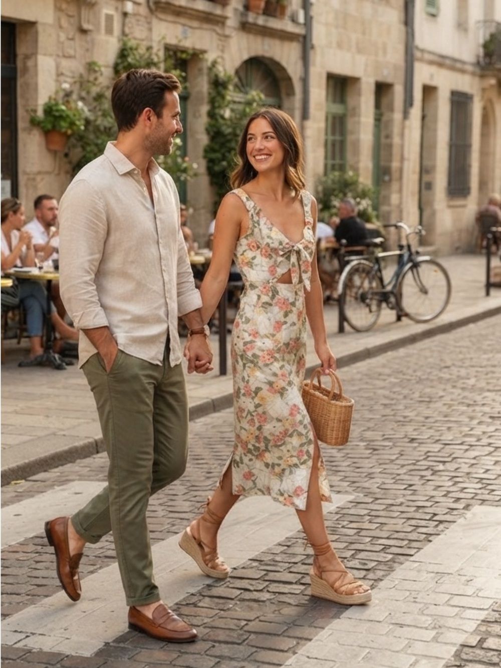 Abercrombie & Fitch Cream Floral Tie-Front Midi Dress with Pink and Green Blooms - Picture 3 of 7
